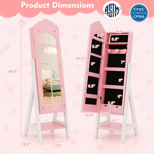 Kids Jewelry Organizer with Full Length Mirror Drawers and Storage Shelves-Pink