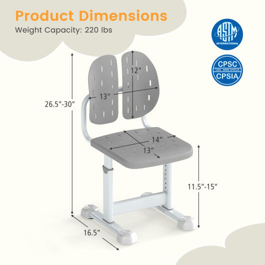 Height-adjustable Kid's Study Chair with Double Back Support and Breathable Seat for 3+ Years Old-Gray