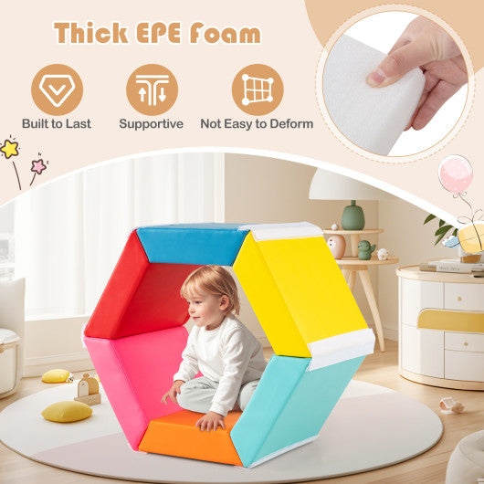 Hexagon Kids Ball Pit Foam Climbing Exercise Mat with Detachable PU Covers-Multicolor