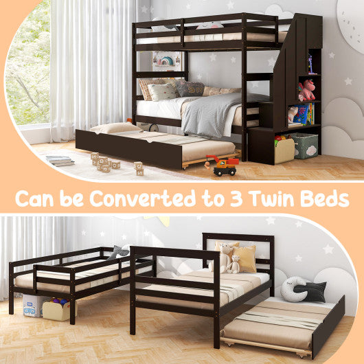 Home Wood Bunk Bed with Guard Rail and 4-step Storage Stairs No Box Spring Needed-Brown