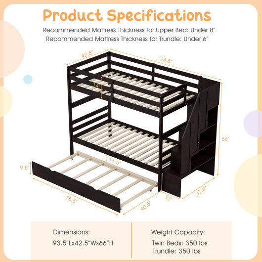Home Wood Bunk Bed with Guard Rail and 4-step Storage Stairs No Box Spring Needed-Brown