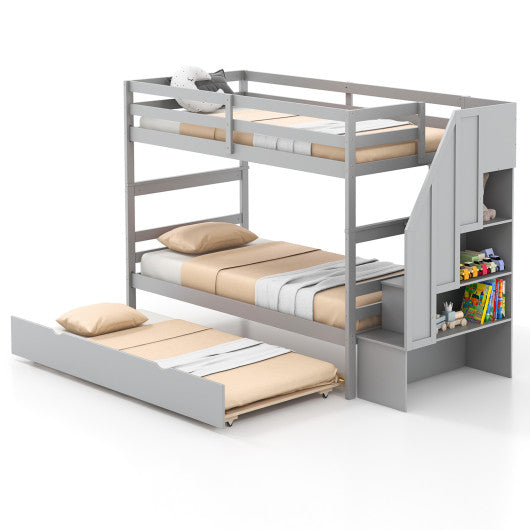 Home Wood Bunk Bed with Guard Rail and 4-step Storage Stairs No Box Spring Needed-Gray