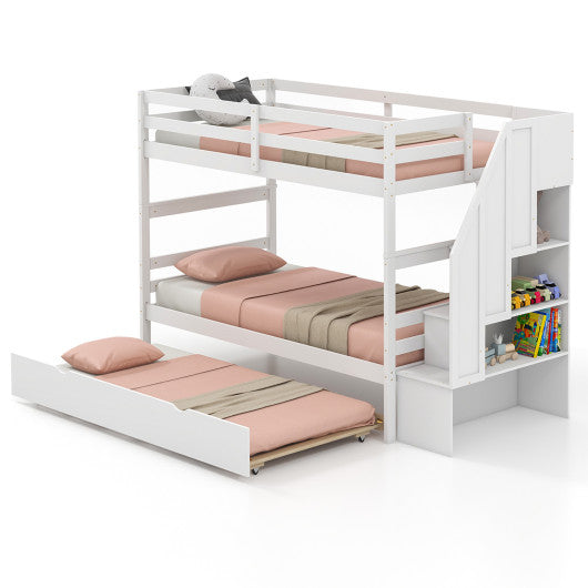 Home Wood Bunk Bed with Guard Rail and 4-step Storage Stairs No Box Spring Needed-White
