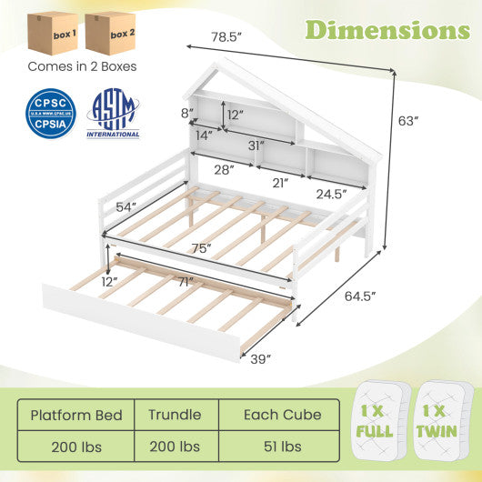 House-Shaped Full Size Daybed with Twin Size Trundle-White