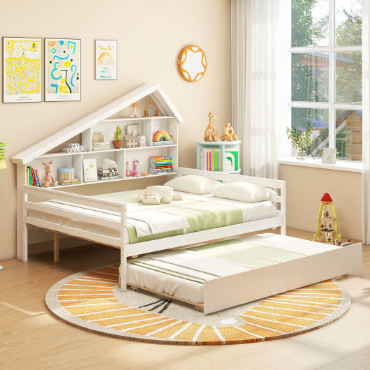 House-Shaped Full Size Daybed with Twin Size Trundle-White