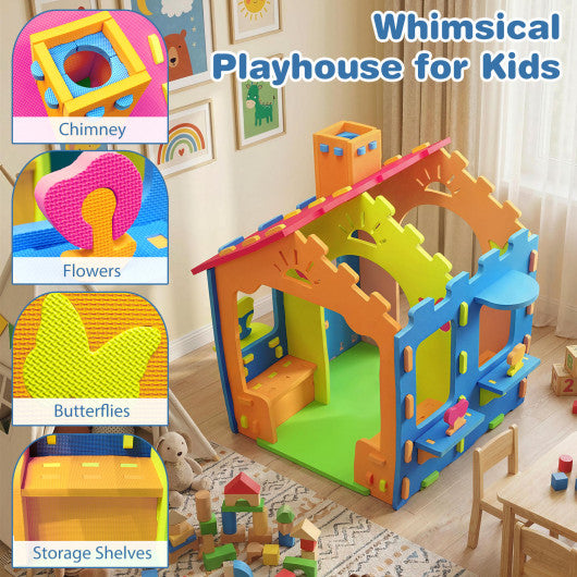 Indoor Cottage Playset with Roof and Chimney for Creative Play-Multicolor