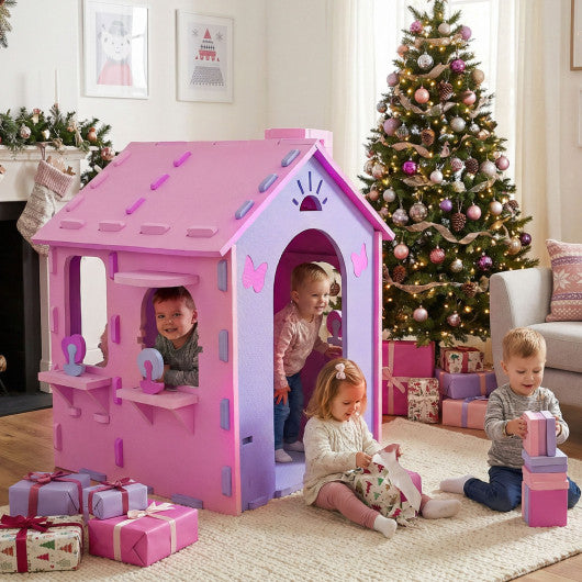 Indoor Cottage Playset with Roof and Chimney for Creative Play-Pink & Purple