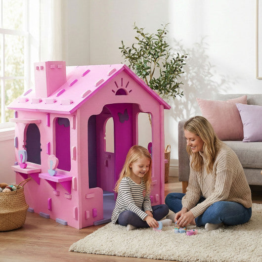 Indoor Cottage Playset with Roof and Chimney for Creative Play-Pink & Purple