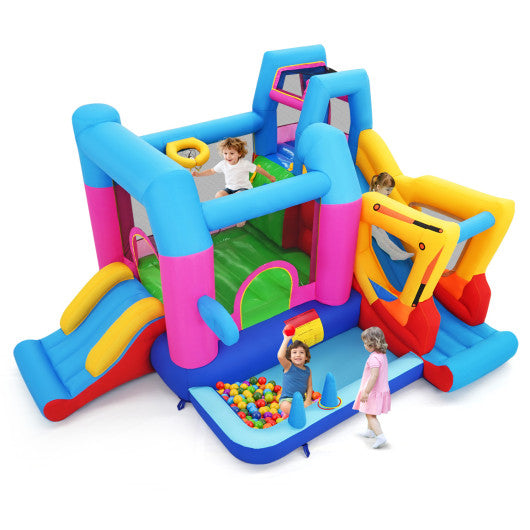 Inflatable Bounce House 8-in-1 Excavator Themed Kids Bouncer with 750W Blower