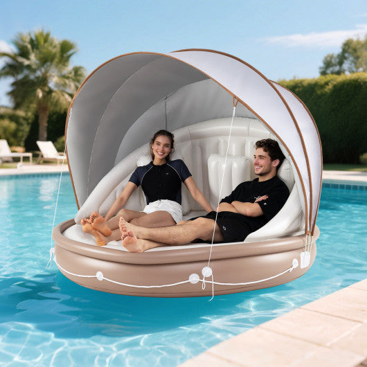 Inflatable Canopy Island Tanning Pool Lounger Float with Retractable Canopy