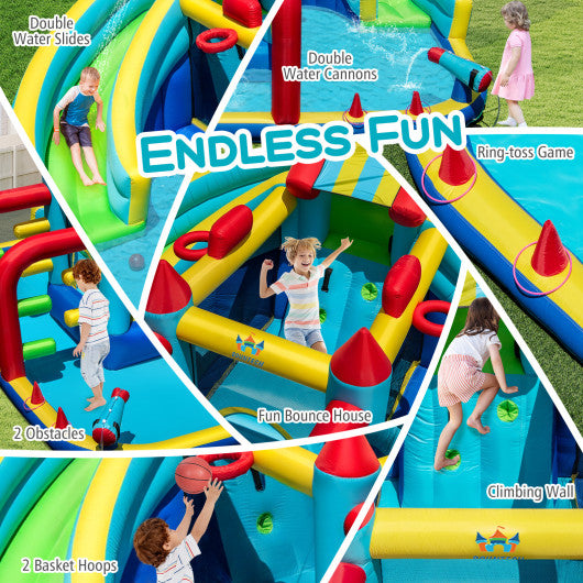 Inflatable Double Water Slide Park with 750W Blower and Obstacle Course