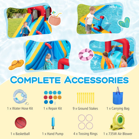 Inflatable Double Water Slide Park 9-in-1 Giant Bounce House 735W Blower Included