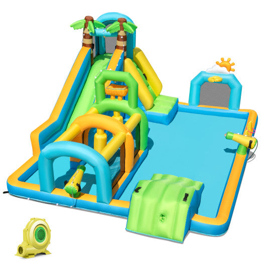 Inflatable Water Slide Tropical Theme Dual Slide Aqua Park with 735W Blower