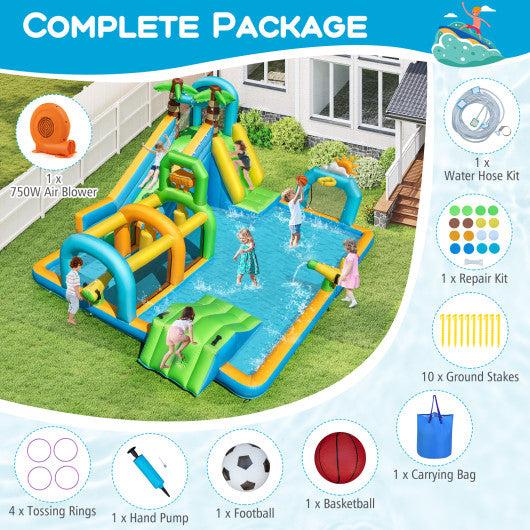 Inflatable Water Slide Tropical Theme Dual Slide Aqua Park with 750W Blower