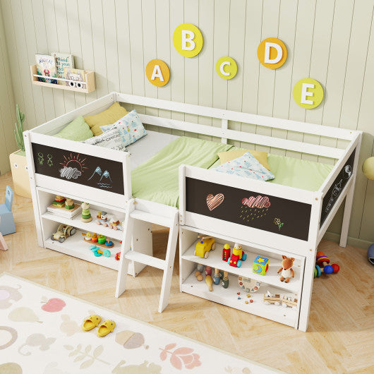 Kid Twin Size Low Loft Bed with Chalkboard Ramp Ladder and Bookcases-White