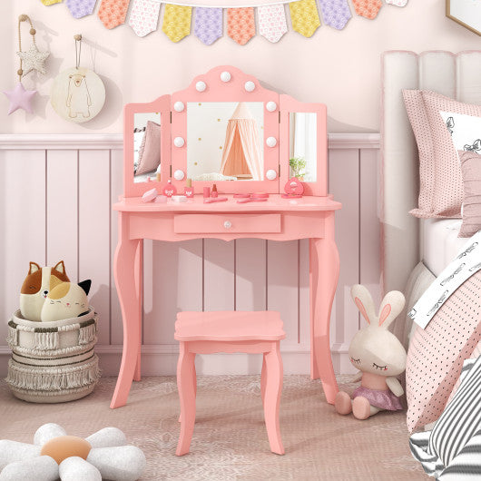 Kid Vanity Table Stool Set with Tri-Folding Mirror and 3-Color LED Lights-Pink