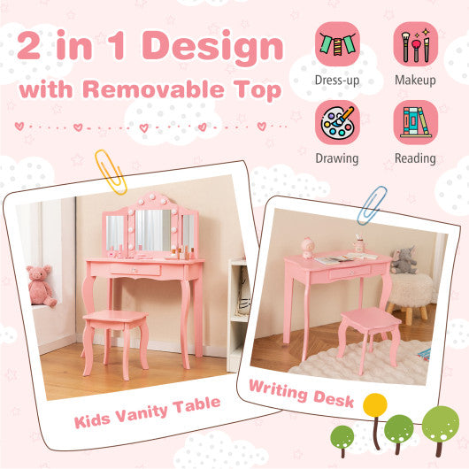 Kid Vanity Table Stool Set with Tri-Folding Mirror and 3-Color LED Lights-Pink