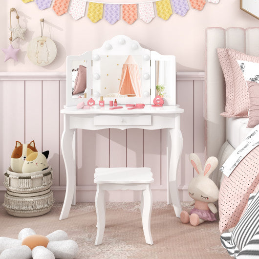 Kid Vanity Table Stool Set with Tri-Folding Mirror and 3-Color LED Lights-White