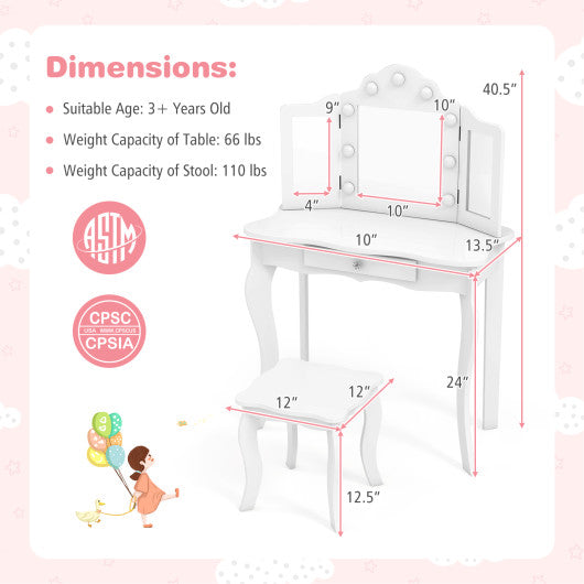 Kid Vanity Table Stool Set with Tri-Folding Mirror and 3-Color LED Lights-White
