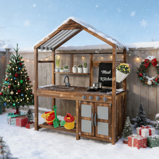 Kid's Mud Kitchen Outdoor Solid Wood Mud Kitchen with Canopy-Natural