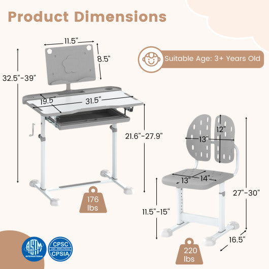 Kid's Study Desk and Chair Set with Tilt Desktop and Book Stand-Gray