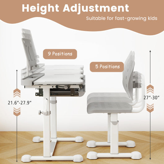 Kid's Study Desk and Chair Set with Tilt Desktop and Book Stand-Gray