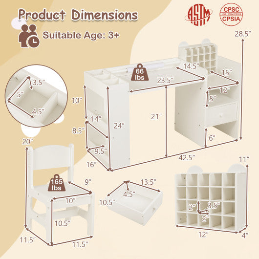 Kids Art Table and Chair Set with Detachable Paper Roll Holder and Cabinet-White