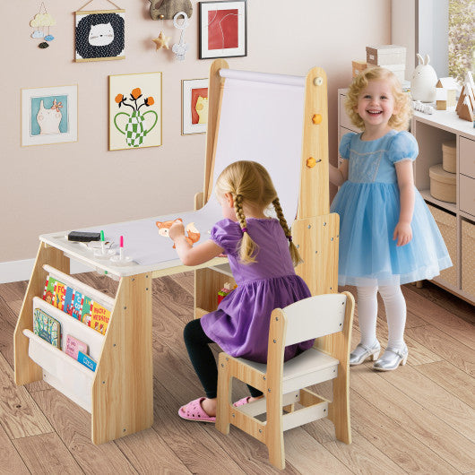 Kids Art Table and Chair Set with Easel and Chair for Drawing Reading-Natural