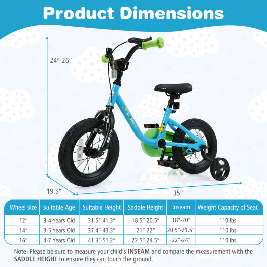 Kids Bike for 3-7 Years Old Boys and Girls 12/14/16-Inch Children Bicycle Blue-12 Inches
