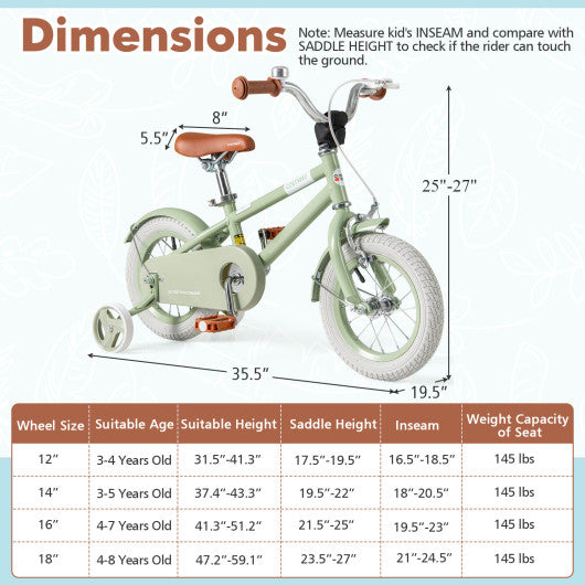 Kids Bike with Adjustable Handlebar and Saddle Green-12 Inches