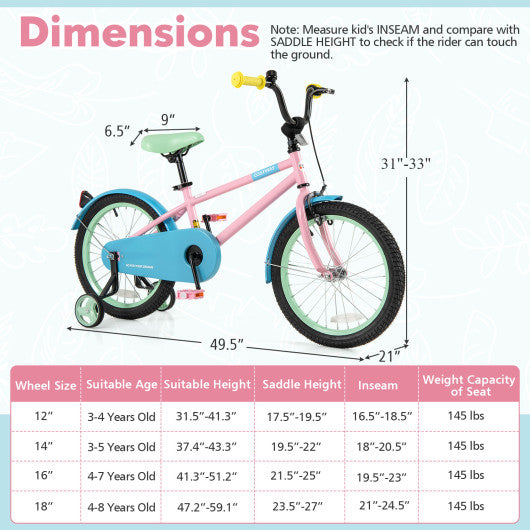 Kids Bike with Adjustable Handlebar and Saddle Pink-18 Inches