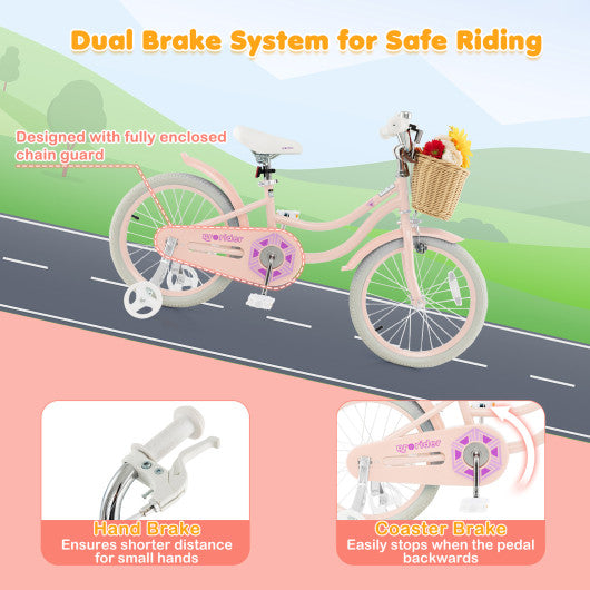 18-Inch Kids Bike with Training Wheels and Adjustable Handlebar Seat-Pink