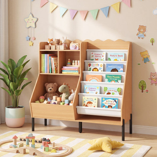 Kids Bookshelf and Toy Storage Organizer Wooden Bookcase with 5 Fabric Pockets-Natural