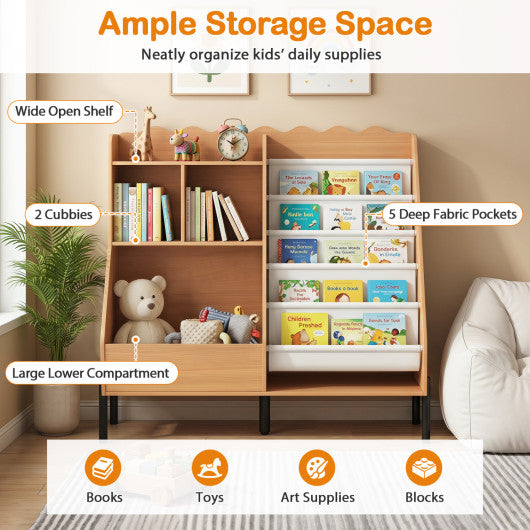 Kids Bookshelf and Toy Storage Organizer Wooden Bookcase with 5 Fabric Pockets-Natural