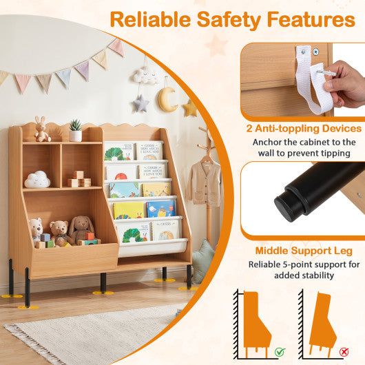 Kids Bookshelf and Toy Storage Organizer Wooden Bookcase with 5 Fabric Pockets-Natural