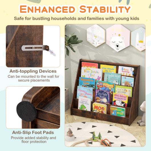 5-Tier Kids Bookshelf with Deep Compartments and Stable Baby Book Case-Rustic Brown