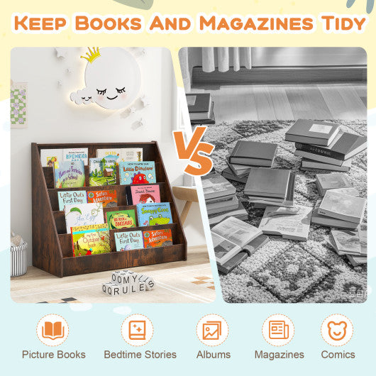 5-Tier Kids Bookshelf with Deep Compartments and Stable Baby Book Case-Rustic Brown