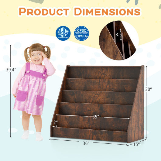 5-Tier Kids Bookshelf with Deep Compartments and Stable Baby Book Case-Rustic Brown