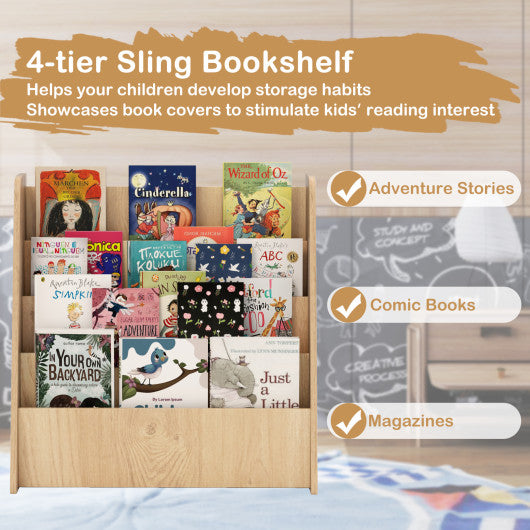 4-Tier Kids Bookshelf with Deep Compartments for Bedroom-Natural