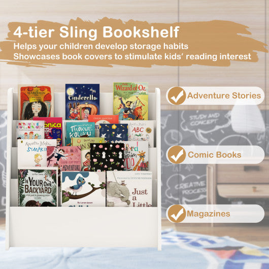 4-Tier Kids Bookshelf with Deep Compartments for Bedroom-White