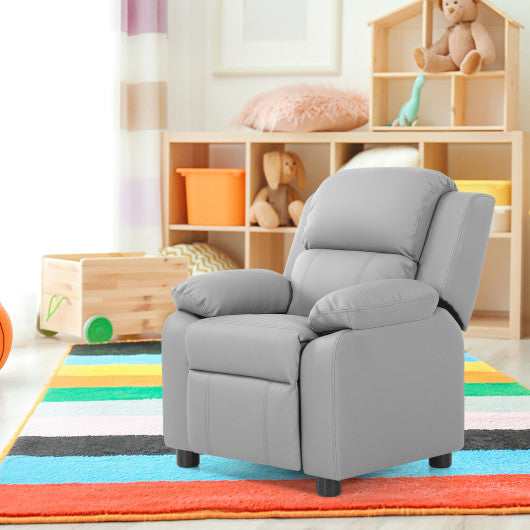 Kids Deluxe Headrest Recliner Sofa Chair with Storage Arms-Gray