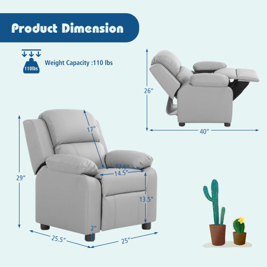 Kids Deluxe Headrest Recliner Sofa Chair with Storage Arms-Gray