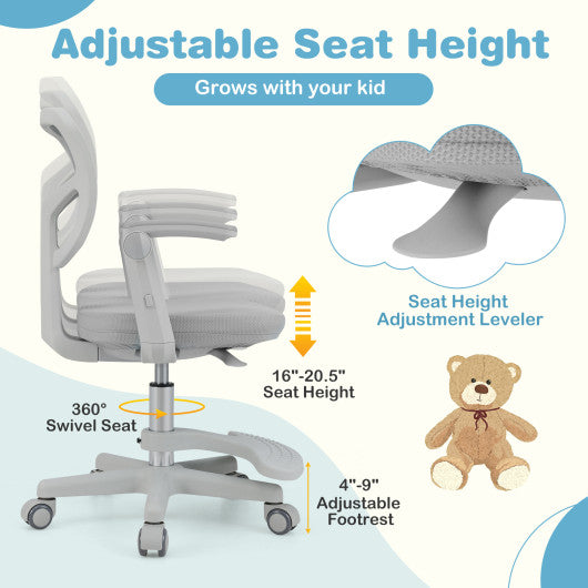 Kids Desk Chair Children Study Chair with Adjustable Height Armrest and Footrest-Grey