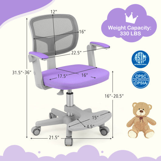 Kids Desk Chair Children Study Chair with Adjustable Height Armrest and Footrest-Purple