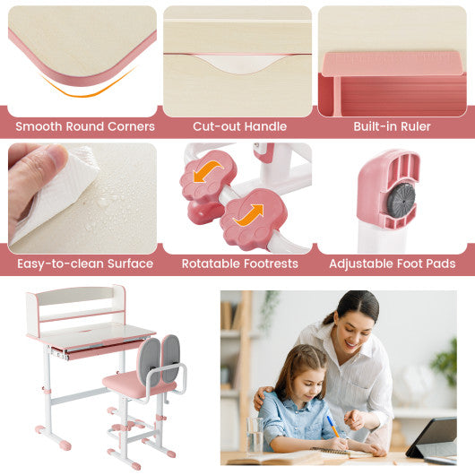 Kids Desk and Chair Set with Adjustable Height and Tilted Desktop-Pink
