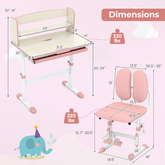 Kids Desk and Chair Set with Adjustable Height and Tilted Desktop-Pink