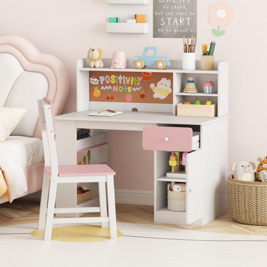 Kids Desk and Chair Set with Hutch and 3-Layer Side Shelf-Pink