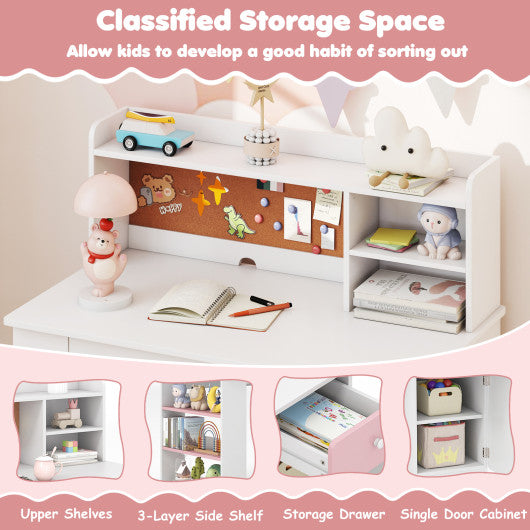 Kids Desk and Chair Set with Hutch and 3-Layer Side Shelf-Pink