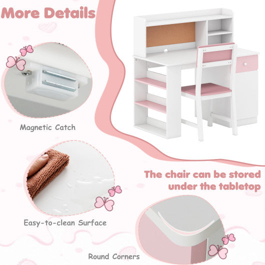 Kids Desk and Chair Set with Hutch and 3-Layer Side Shelf-Pink