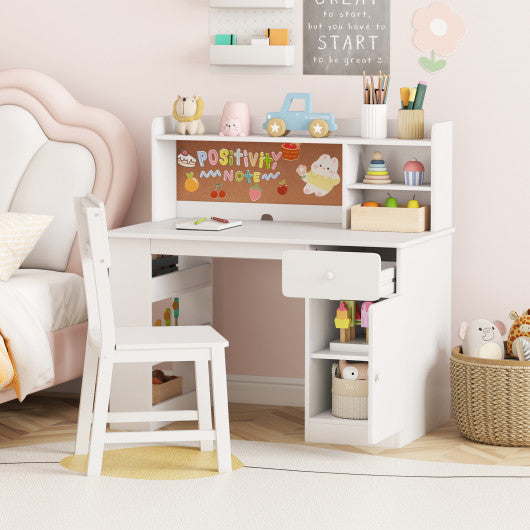 Kids Desk and Chair Set with Hutch and 3-Layer Side Shelf-White